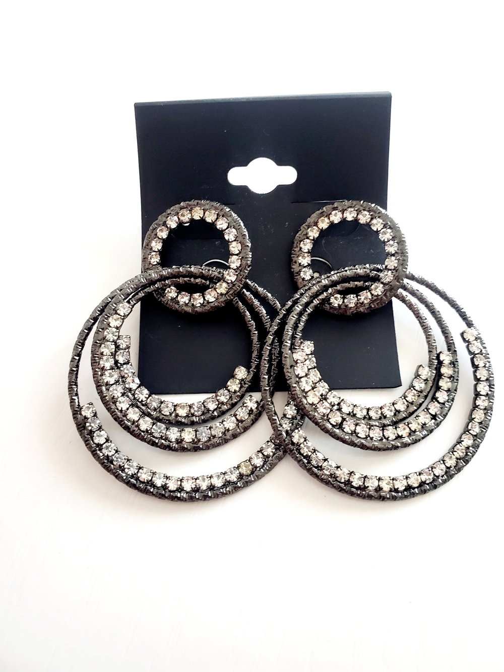 Rhinestone Multi-Hoop Drop Earrings - Black Silver